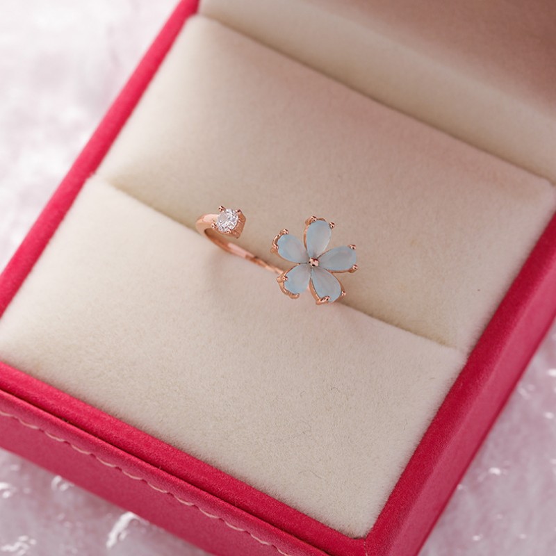 Popular Japanese And Korean Sparkling Diamond Crystal Zircon Flower Ring With Sweet And Versatile Love Flower Open Ring Handpiece