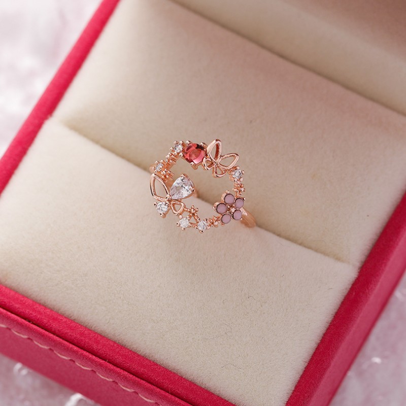 Popular Japanese And Korean Sparkling Diamond Crystal Zircon Flower Ring With Sweet And Versatile Love Flower Open Ring Handpiece