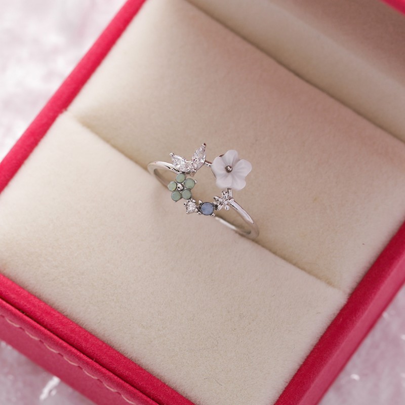 Popular Japanese And Korean Sparkling Diamond Crystal Zircon Flower Ring With Sweet And Versatile Love Flower Open Ring Handpiece