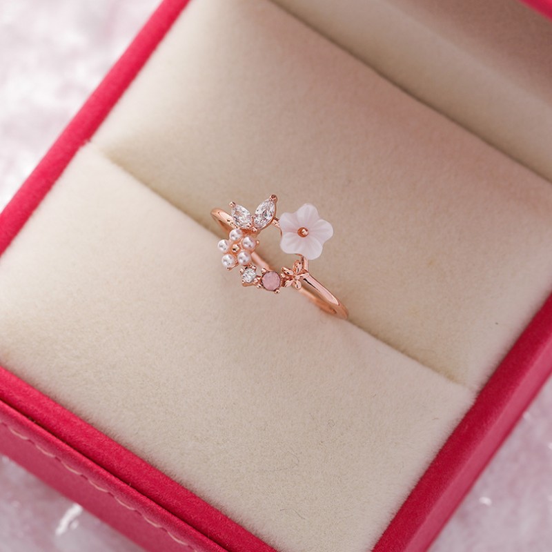 Popular Japanese And Korean Sparkling Diamond Crystal Zircon Flower Ring With Sweet And Versatile Love Flower Open Ring Handpiece