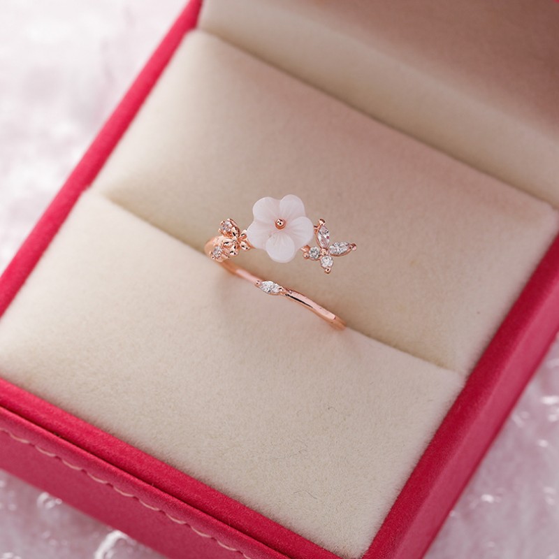 Popular Japanese And Korean Sparkling Diamond Crystal Zircon Flower Ring With Sweet And Versatile Love Flower Open Ring Handpiece