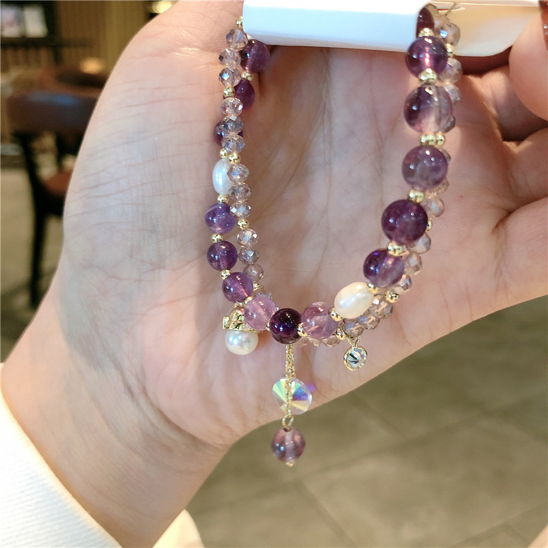 Sweet Girl Purple Crystal Pearl Double Layer Hand ...