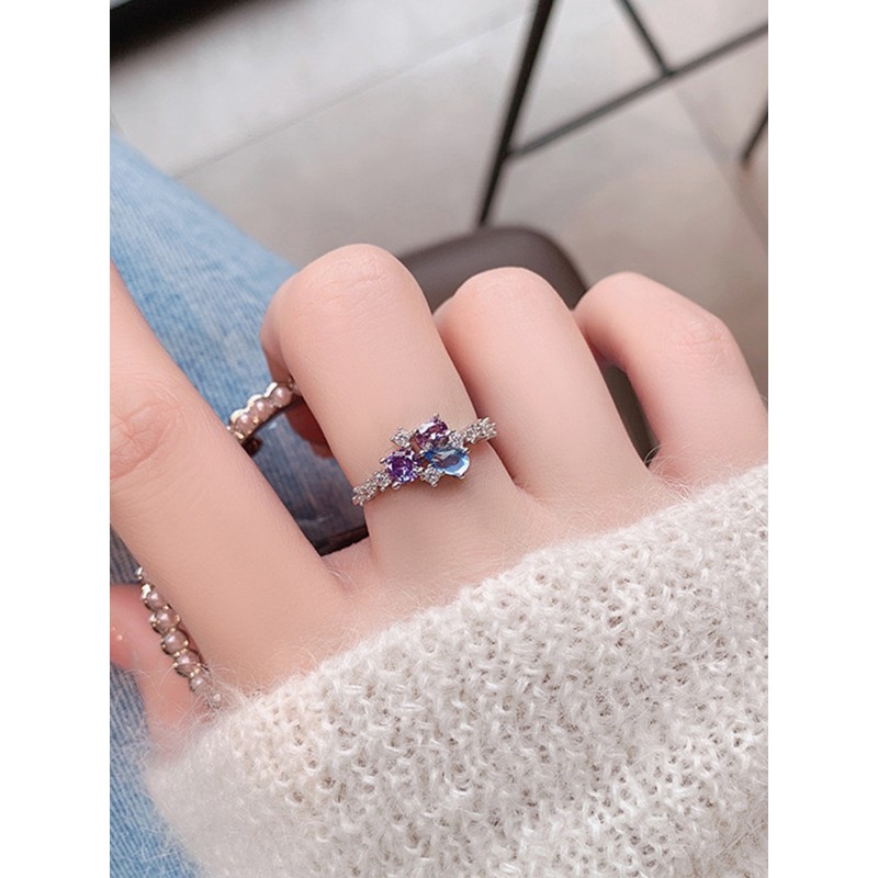 INS Trendy Micro Set Colored Zircon Ring For Female Niche Design, Retro Personalized Ring, Fashionable New Hand Jewelry