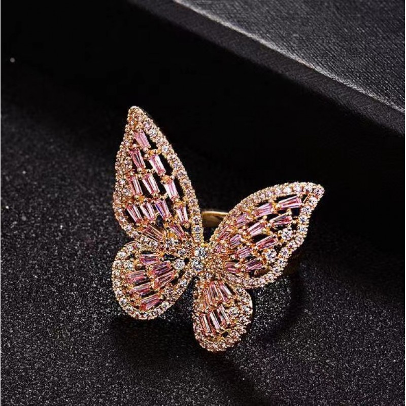 Ring Wholesale Yiwu Jewelry Source Market Hot Selling Hollow Butterfly Ring Exaggerate Ring Colorless Handicrafts