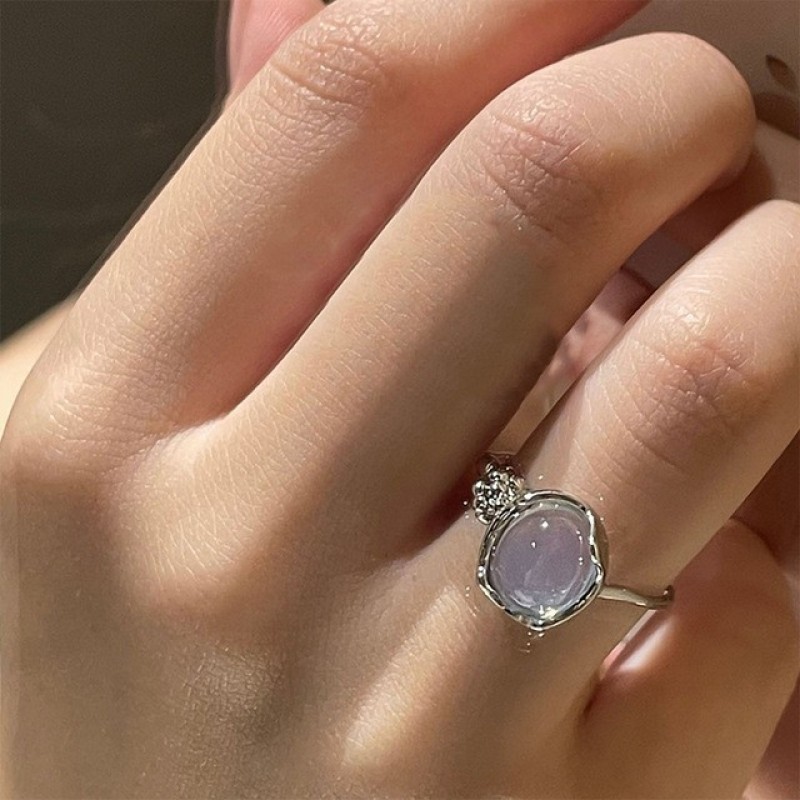 Cross Border New Ins Style Fashion Trend Moonlight Stone Inlaid Ring Light Luxury Small Group Cold Style Women's Open Ring