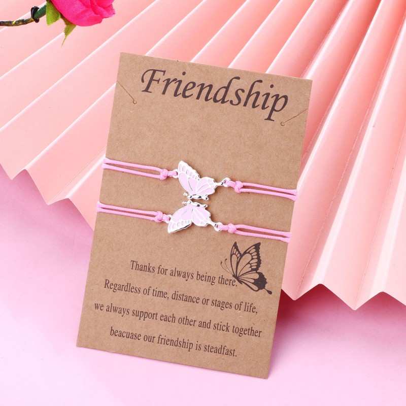 Cross Border New Product Popular Butterfly Bracelet Good Friends Alloy Wax Thread Braided Bracelet Friendship Card Bracelet Set