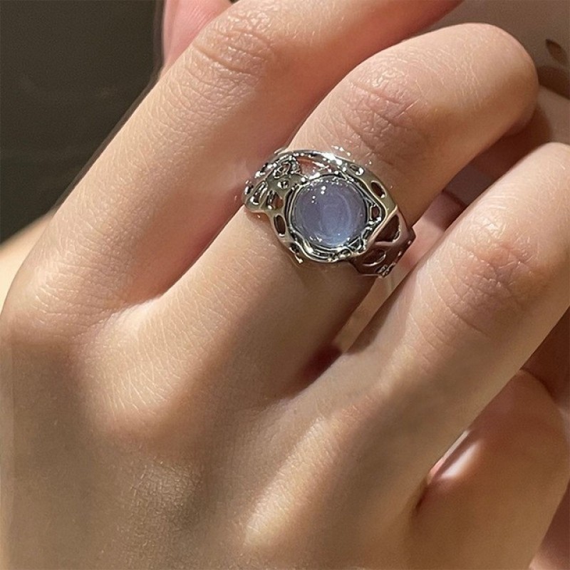 Cross Border New Ins Style Fashion Trend Moonlight Stone Inlaid Ring Light Luxury Small Group Cold Style Women's Open Ring