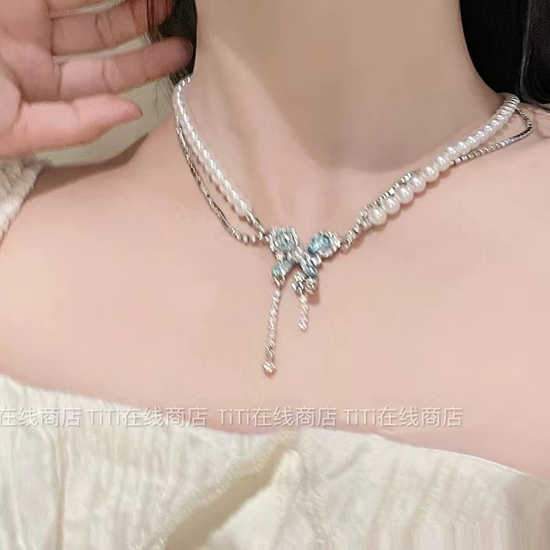 Bow Tie Titanium Steel Necklace For Women's Ins Niche Chain Tassel High-End Collarbone Chain Popular Fashion Sweater Chain