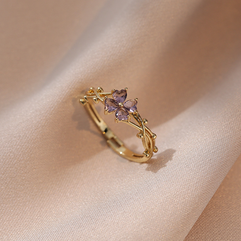 Ring, Female Purple Four Leaf Flower, Zircon Open ...