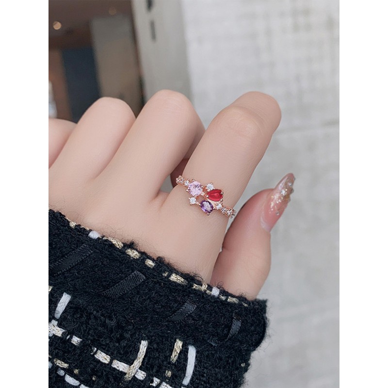 INS Trendy Micro Set Colored Zircon Ring For Femal...